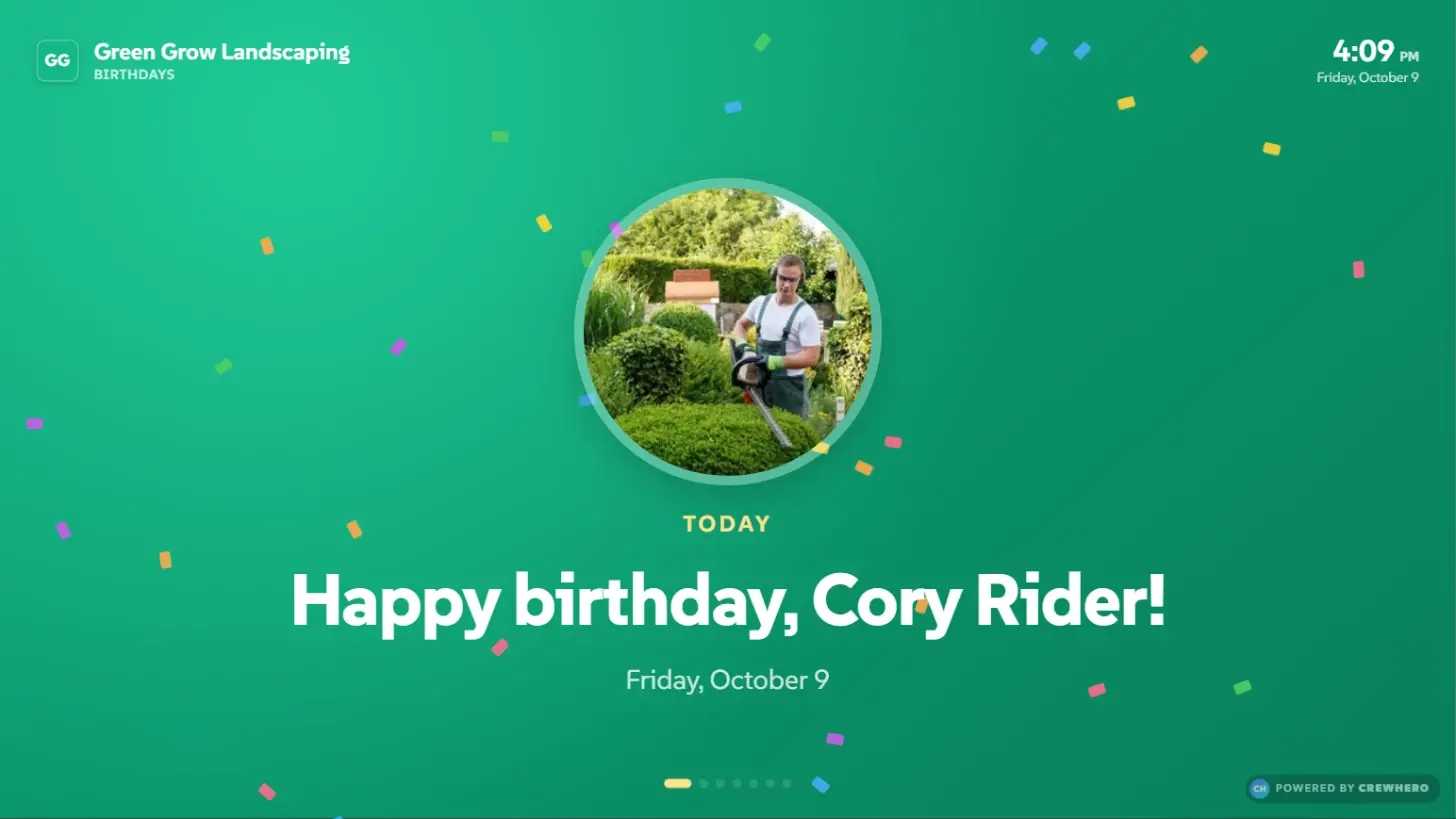 Full-screen TV birthday spotlight with confetti