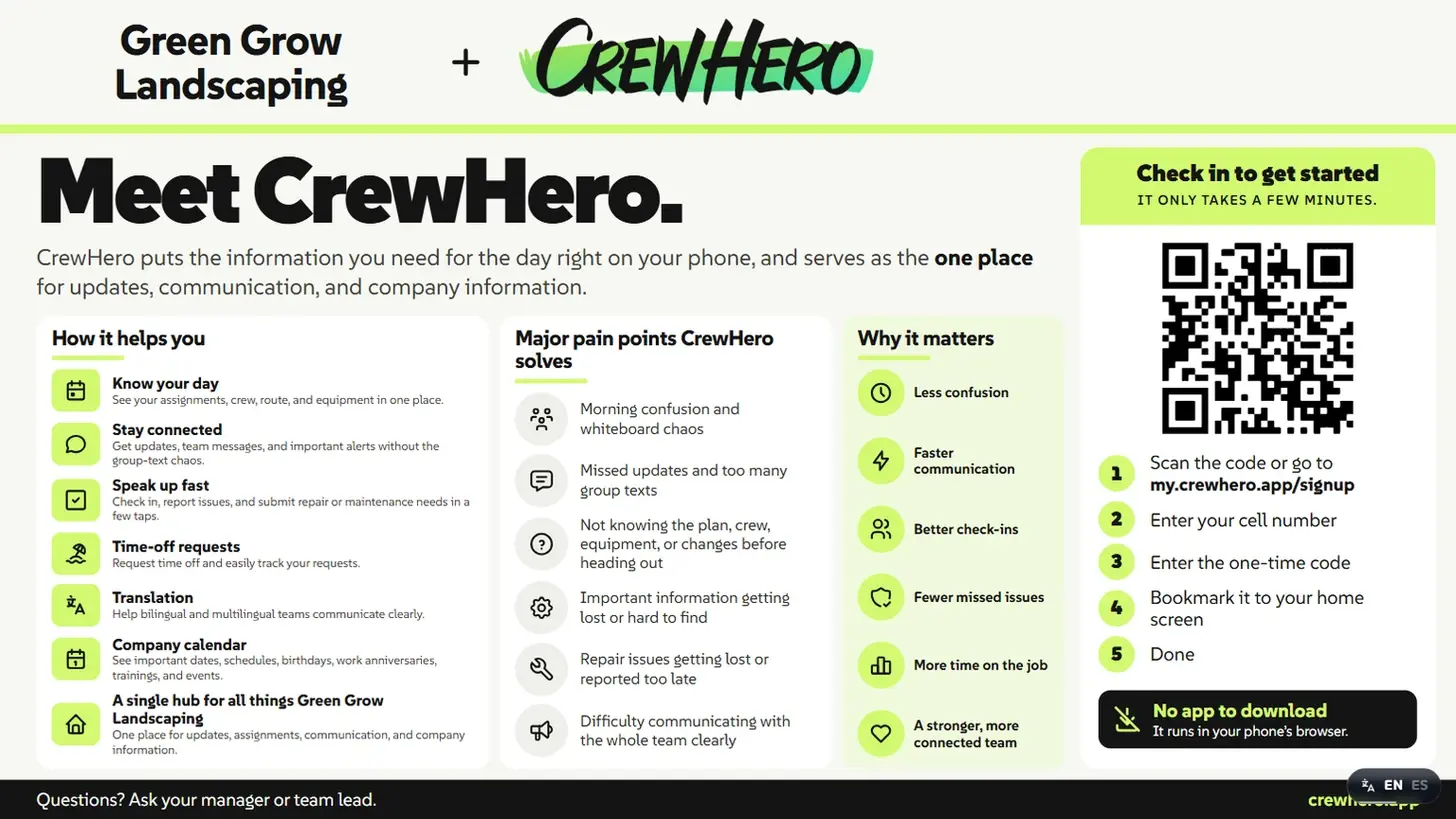 TV display inviting crew members to scan a QR code and sign up for CrewHero