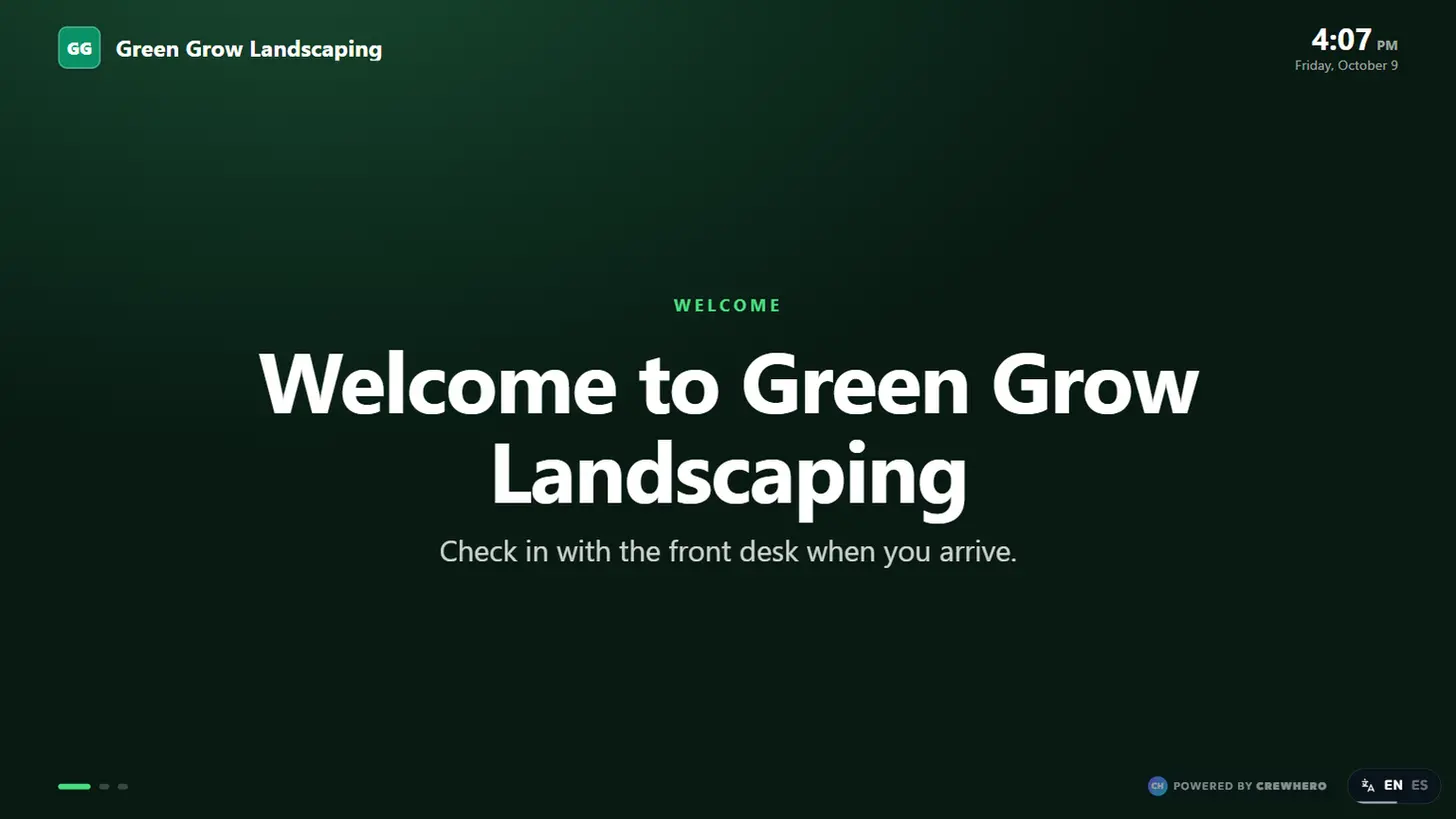TV welcome screen for visitors in the front office